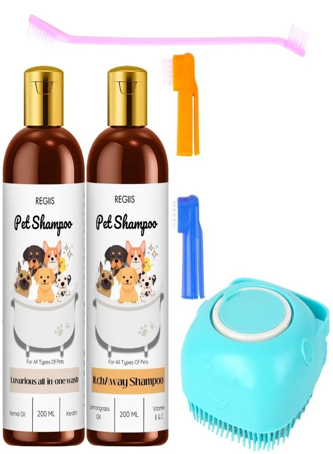 Regiis Pet Shampoo Set with Grooming Tools, Luxurious All in One Wash and Itch Away Formula, 200ml Each, Includes Massage Brush, Toothbrush, Finger Brushes(Pack of 4) - Image 1